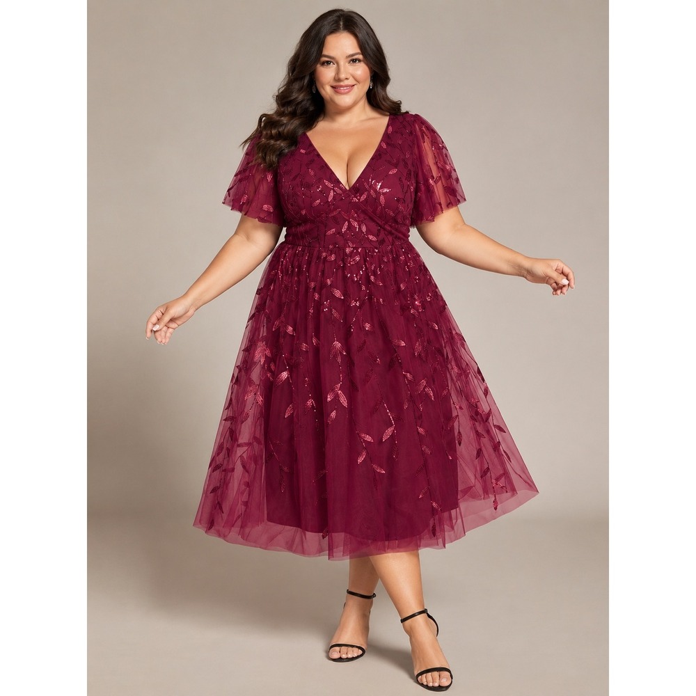 NWT Burgundy Sequin Leaf Tulle Midi Dress Plus Size US 24 4XL HOCO Wedding Guest
